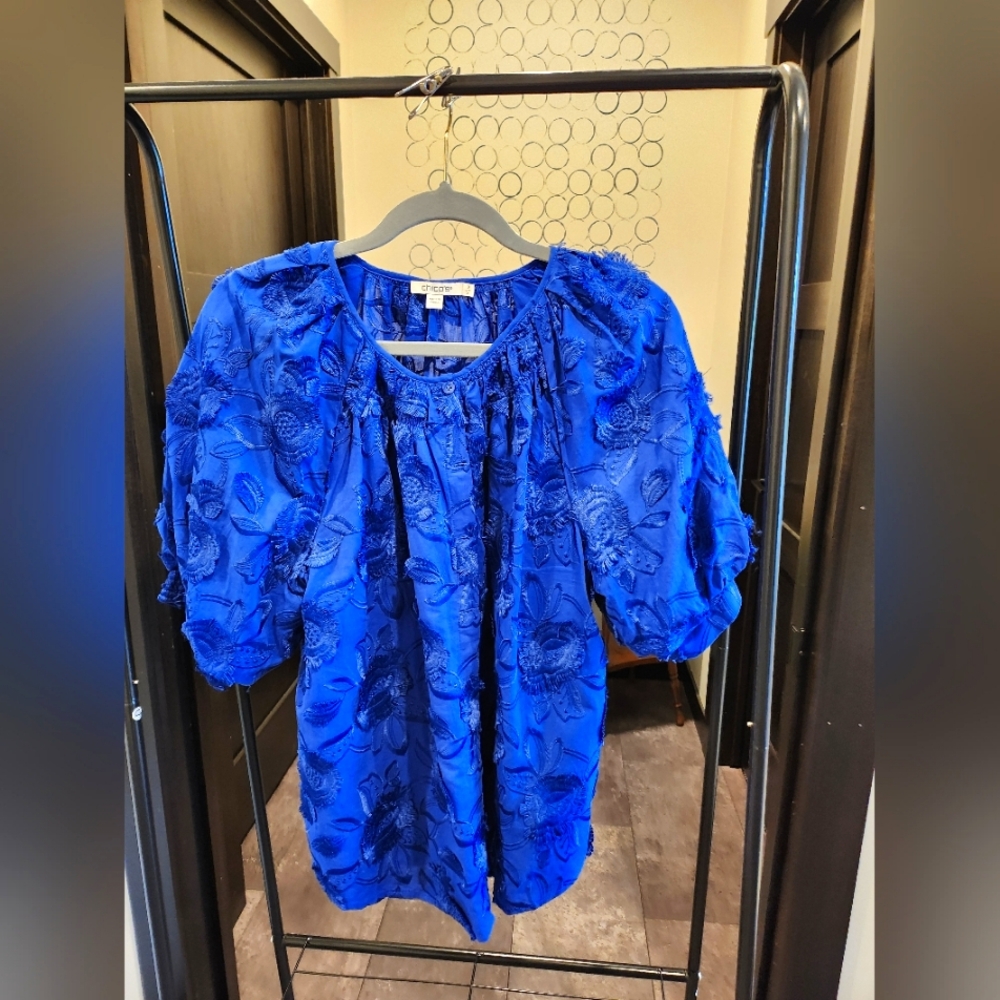 Chicos Blue Floral Button Front Short Sleeve Women's Top Size 3 /xl
